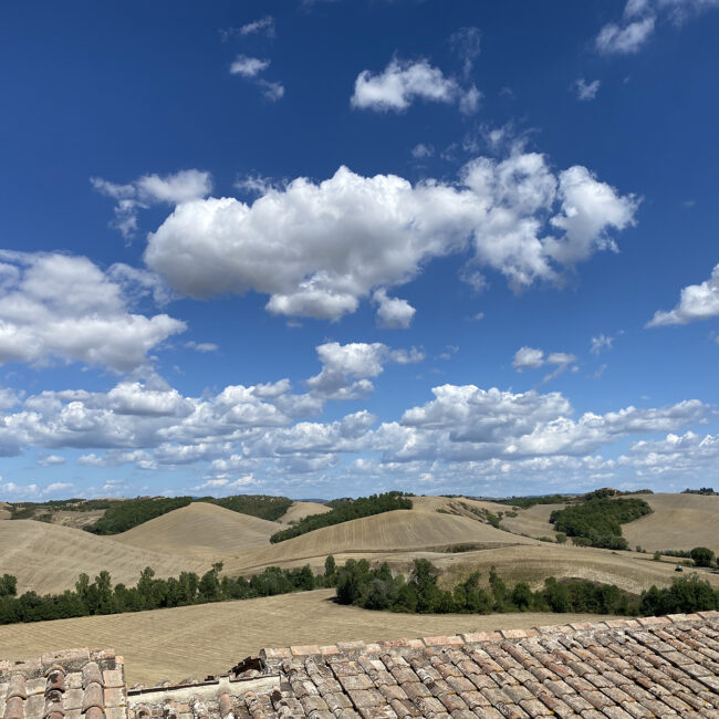 Panorama of Tuscan countryside in a cloudy day from luxury hotel