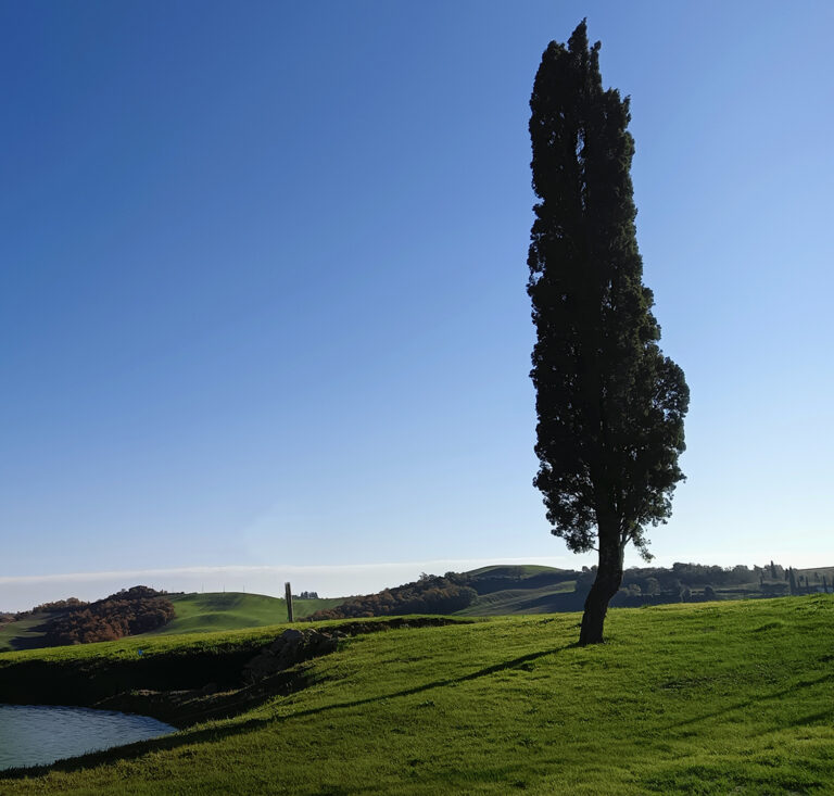 Panorama of Tuscan countryside with lake